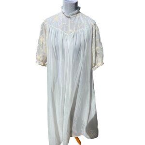 Vintage Sheer White Nightgown With Embroidered Floral Details High Neck Puff Sle